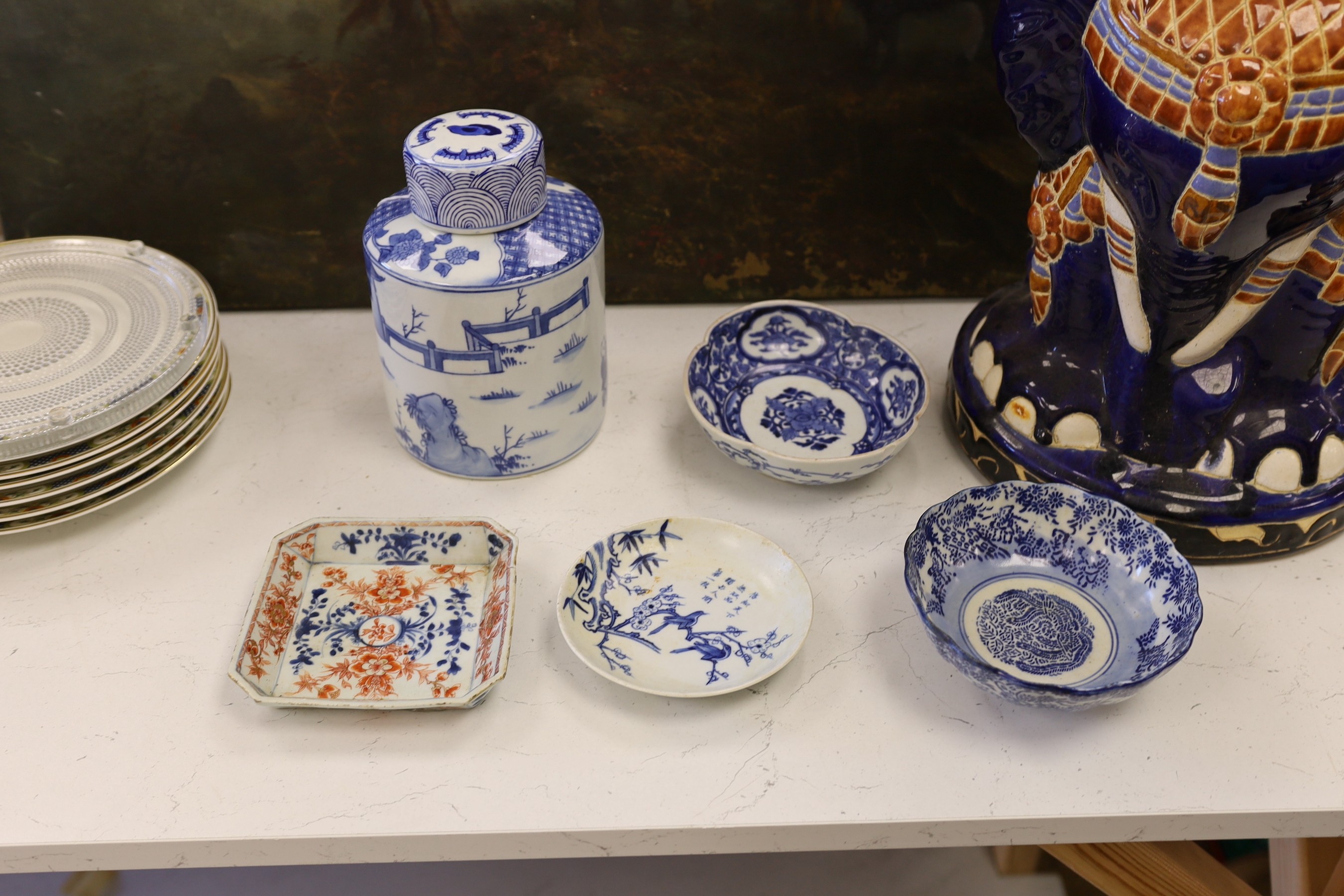 An 18th century Imari dish, a ginger jar and cover, assorted Chinese blue and white dishes and elephant garden seat, seat 47cm high